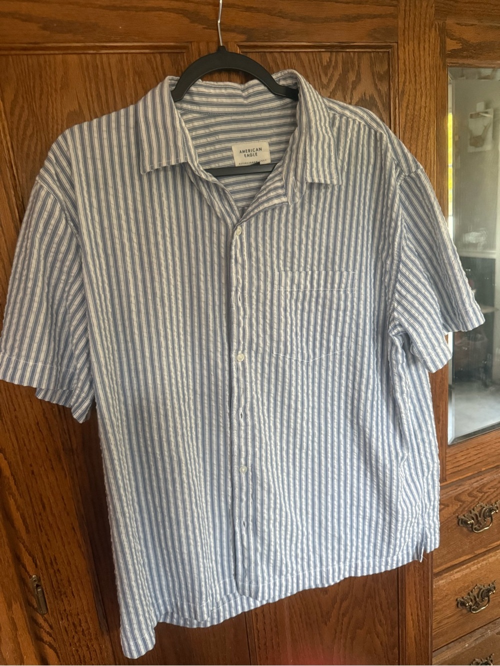 American Eagle Outfitters Blue and White Striped Short Sleeve Button-Down Shirt